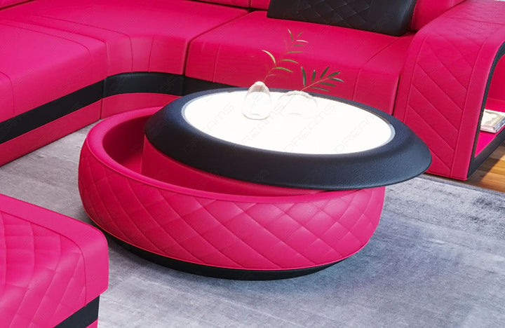 Design Couchtisch Berlin in Leder mit Stauraum in pink - schwarz