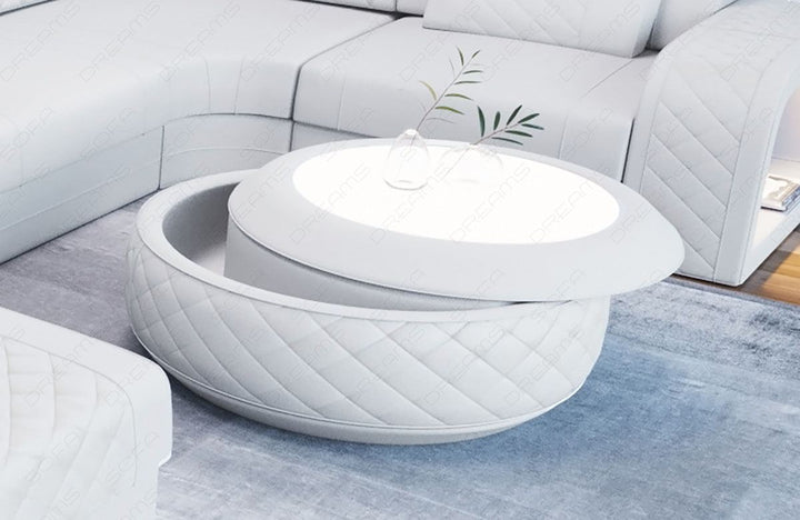Design Couchtisch Berlin in Leder mit Stauraum in weiss