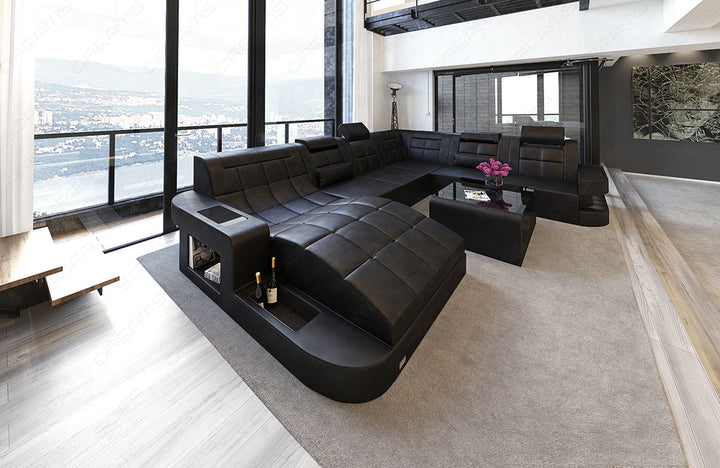 XL Leder Wohnlandschaft Wave in komplett schwarz