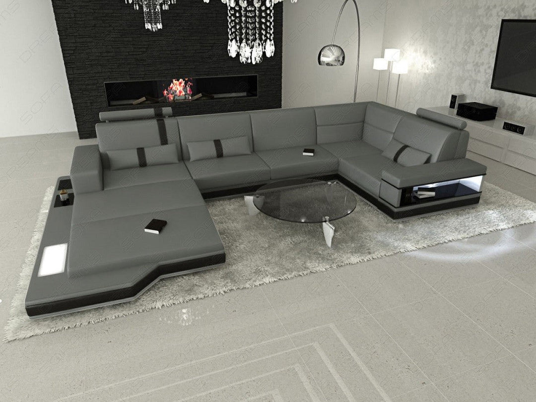 U Form Ledersofa Messana Mini in grau-schwarz