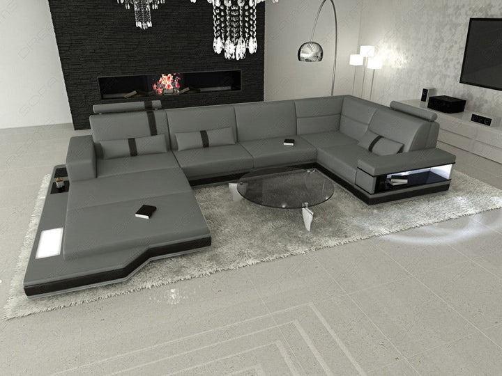 U Form Ledersofa Messana Mini in grau-schwarz