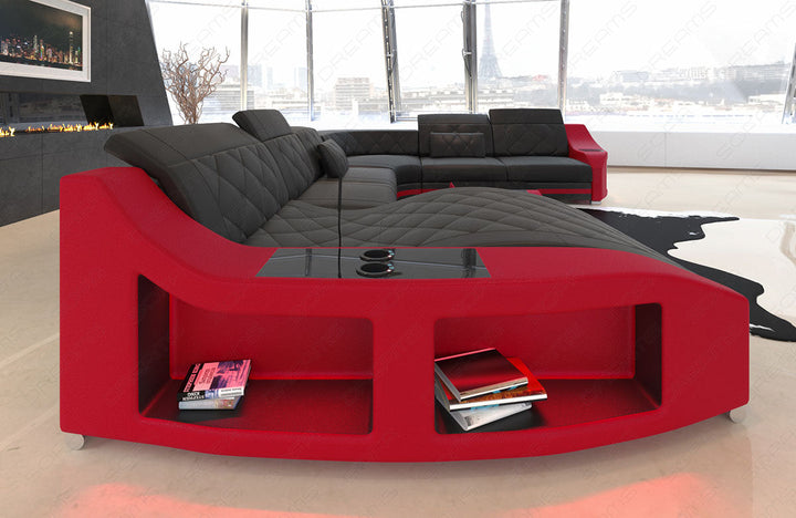 Ledersofa Swing als Mini XXL mit LED und USB in schwarz-rot - Seitenansicht der langen Armlehne