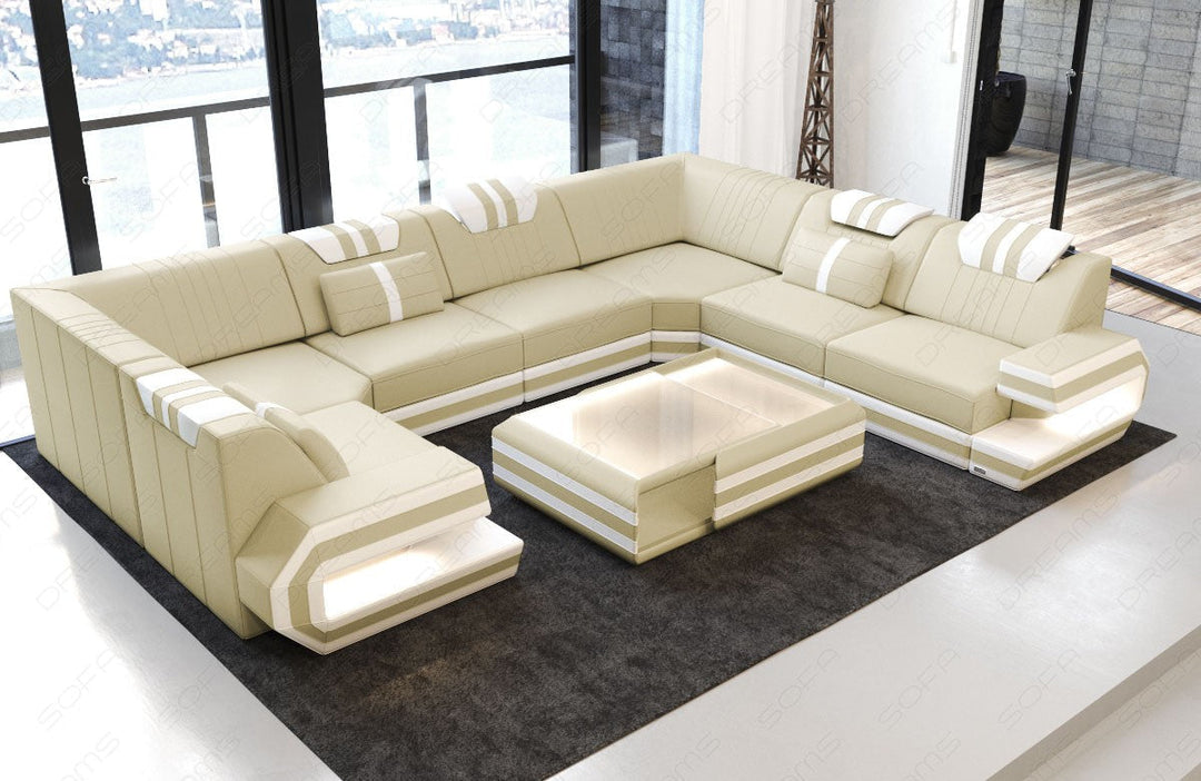 Ledersofa Wohnlandschaft Ragusa U Form mit LED Beleuchtung in beige-weiÃŸ