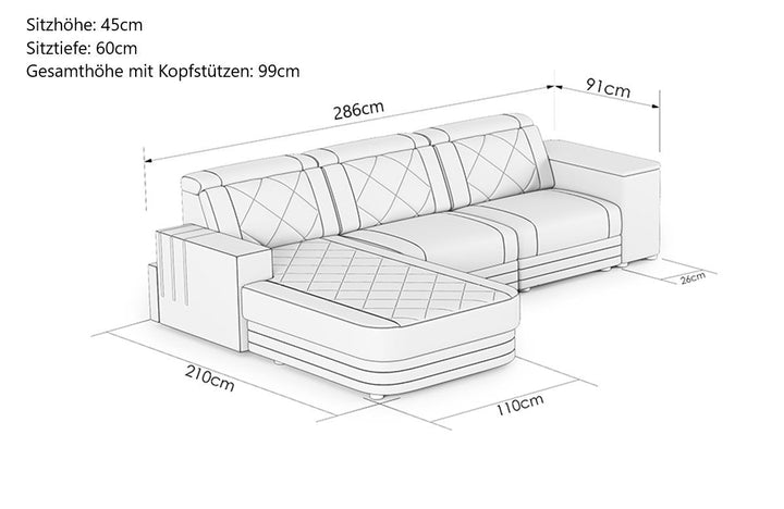 Abmessungen vom Ecksofa Cesena L Form