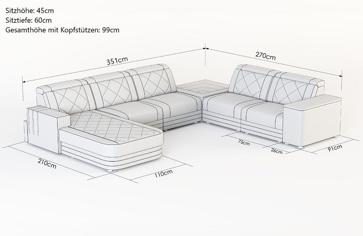 Abmessungen der XXL Wohnlandschaft Cesena