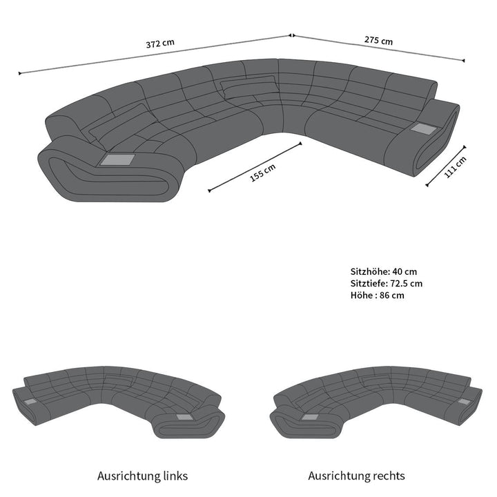 Abmessungen fÃ¼r die Wohnlandschaft Concept C Form