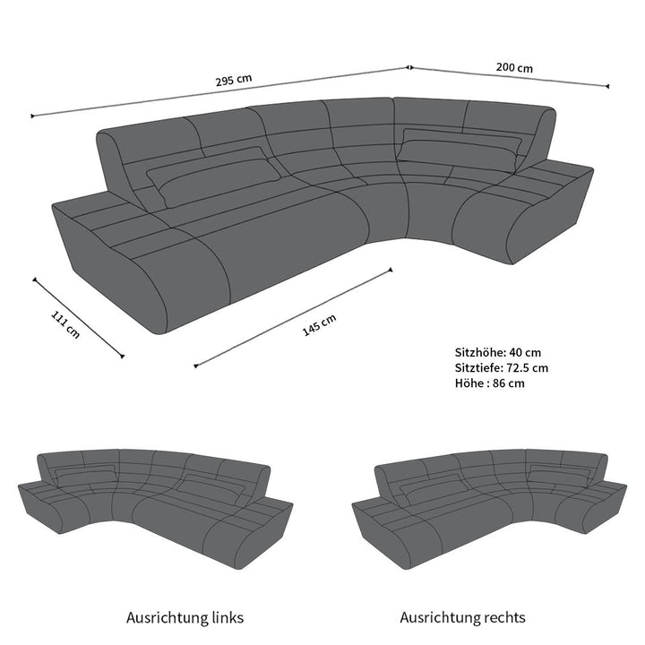 Abmessungen fÃ¼r das Ledersofa Concept Mini L Form