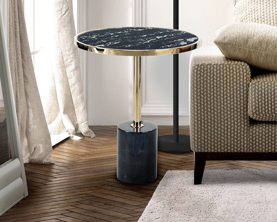 Beistelltisch Dekala schwarz-gold mit Tischplatte aus gehÃ¤rtetem Glas in Marmoroptik
