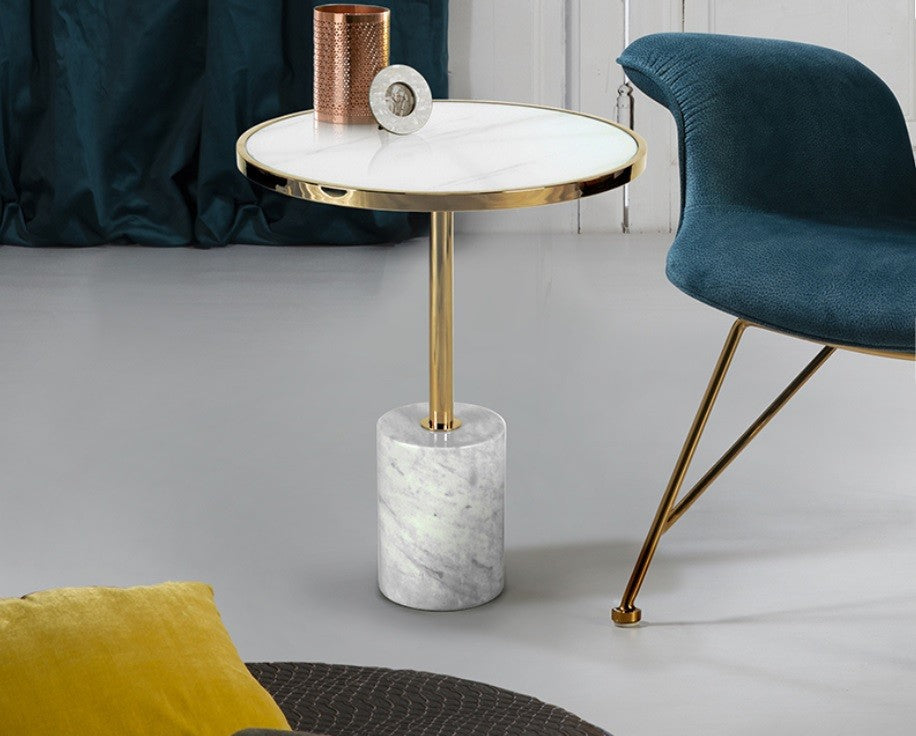 Designer Beistelltisch Dekala in weiÃŸ-gold mit Marmorsockel