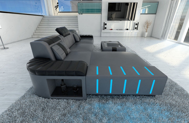 Designer Ledersofa Bellagio L Form in grau-schwarz mit Beleuchtung