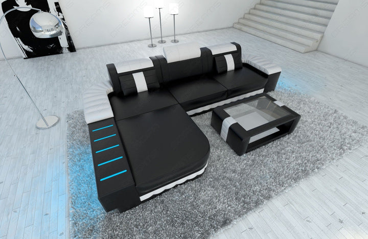 Echtleder Sofa Bellagio L Form in schwarz-weiss mit Ablagefunktion