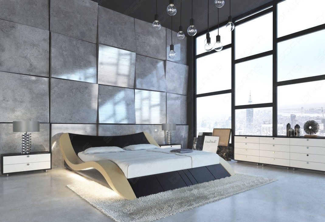 Lederbett Frankfurt im Komplettset mit LED Beleuchtung in schwarz Nebenfarbe sand-beige