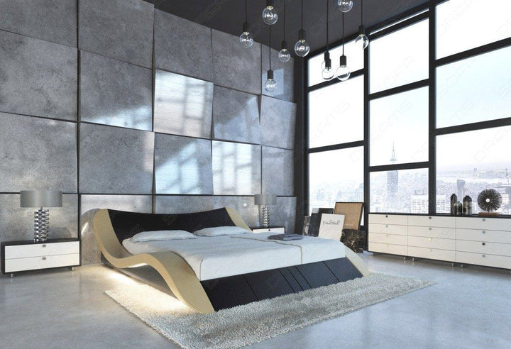 Lederbett Frankfurt im Komplettset mit LED Beleuchtung in schwarz Nebenfarbe sand-beige