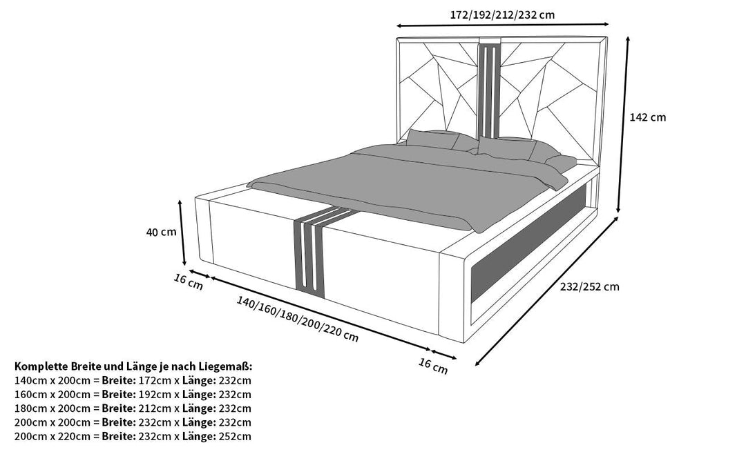 Abmessungen fÃ¼r das Designerbett Imperia