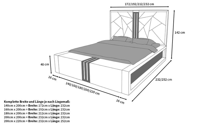 Abmessungen fÃ¼r das Designerbett Imperia