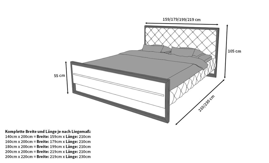 Abmessungen fÃ¼r das Designerbett Levanto