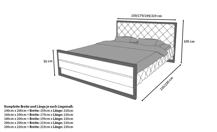 Abmessungen fÃ¼r das Designerbett Levanto