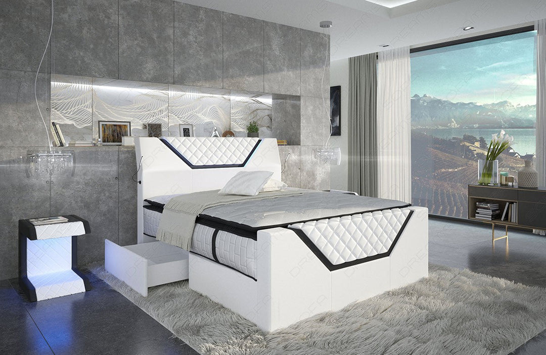 Design Leder Boxspringbett Nantes in weiÃŸ-schwarz mit optional erhÃ¤ltlichen Schubladen (2 pro Seite)