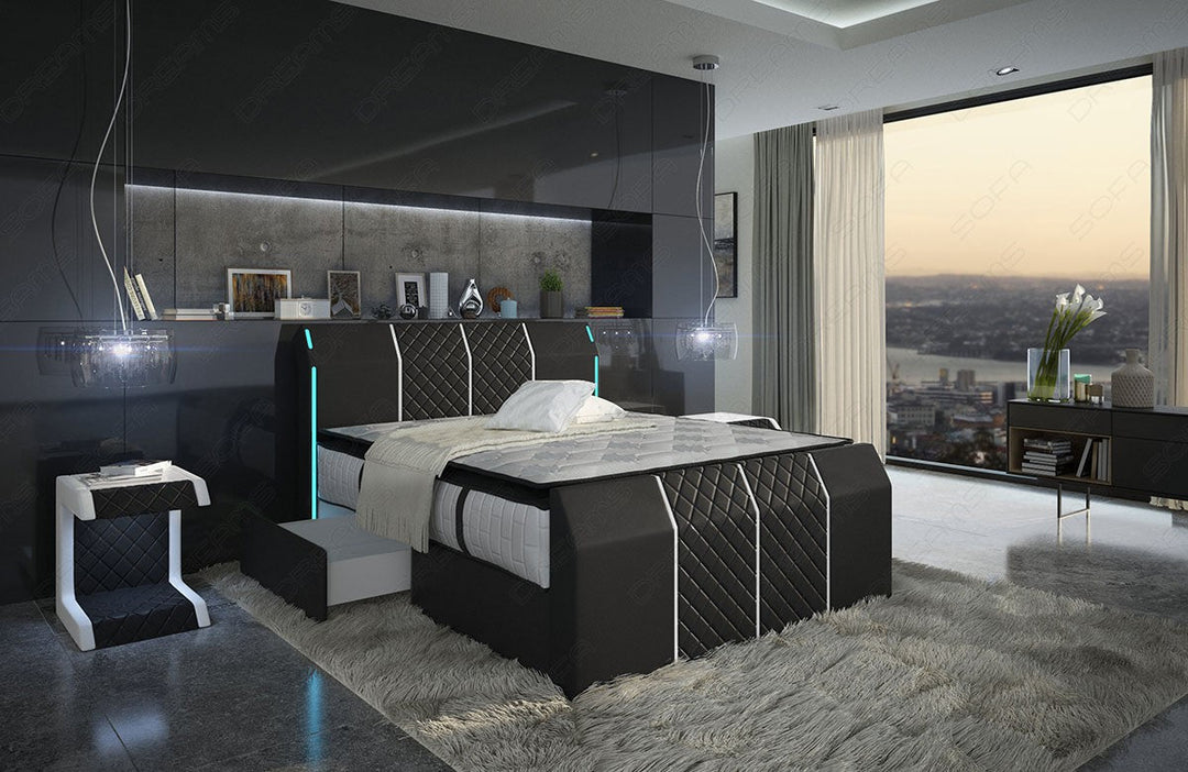 Leder Boxspringbett Paris in schwarz-weiÃŸ mit optional erhÃ¤ltlichen Schubladen (2 pro Seite)