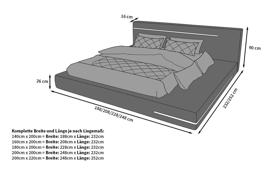 Abmessungen Designerbett Rimini