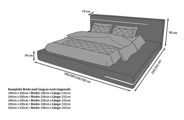 Abmessungen Designerbett Rimini