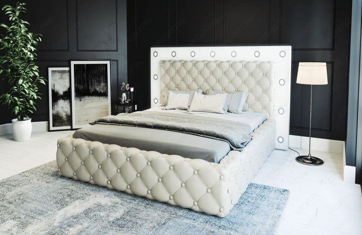 Luxus Leder Boxspringbett Alessandria gesteppt in beige-weiÃŸ
