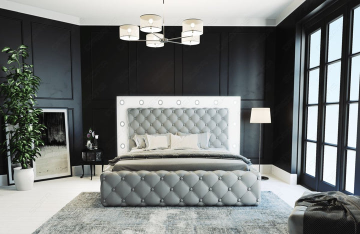 Luxus Leder Boxspringbett Alessandria gesteppt in grau-weiÃŸ