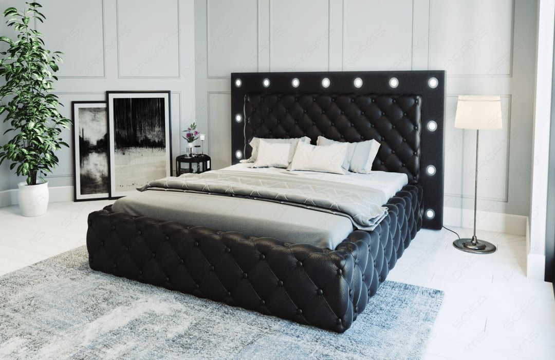 Luxus Leder Boxspringbett Alessandria gesteppt in schwarz