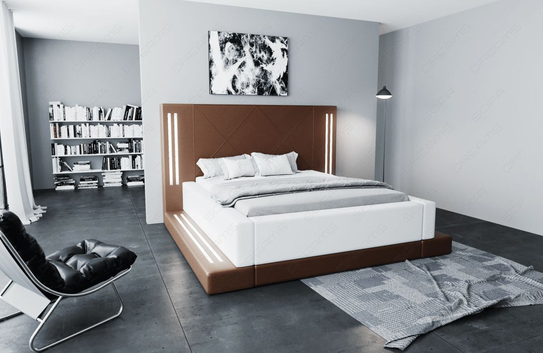 Design Boxspringbett Casoria mit LED Beleuchtung in dunkelbraun-weiÃŸ