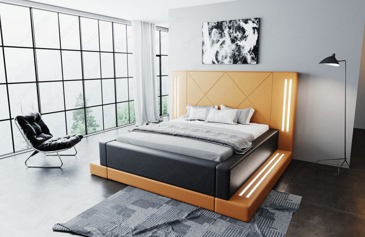 Design Boxspringbett Casoria mit LED Beleuchtung in orange-schwarz