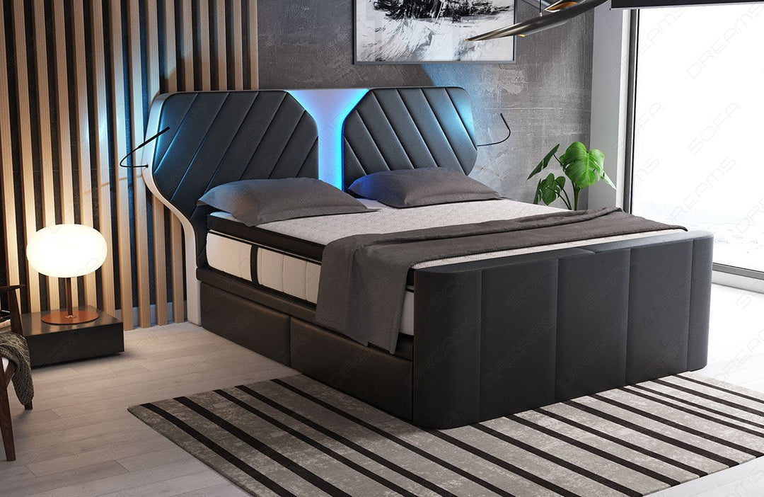 Designer Boxspringbett Nizza in schwarz-weiÃŸ. LiegemaÃŸ frei wÃ¤hlbar von 140x200cm bis 200x220cm. Die USB-AnschlÃ¼sse im Kopfteil sind optional erhÃ¤ltlich.