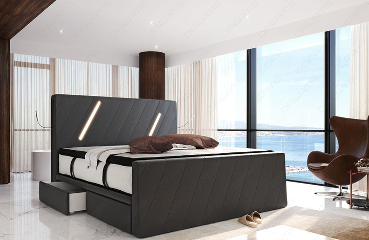 Leder Boxspringbett Toulon mit Schubladen in grau