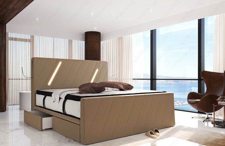 Boxspringbett Toulon Leder mit Schubladen in sandbeige