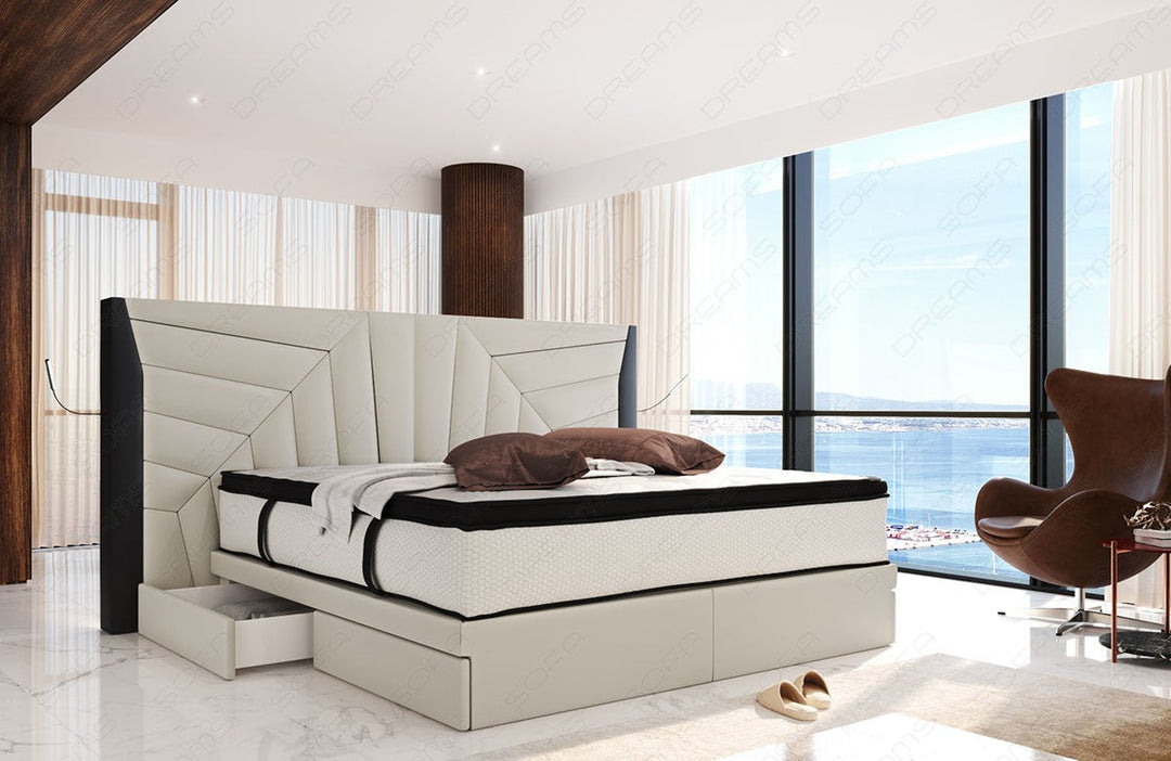 Polster Boxspringbett Monaco mit LED Beleuchtung und Schubladen in elfenbein - Mineva1 - Nebenfarbe schwarz