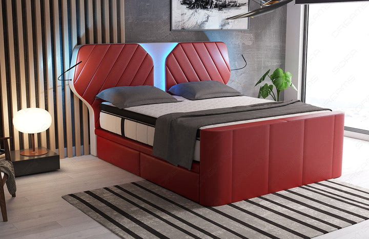 Designer Leder Boxspringbett Nizza in rot-weiÃŸ. LiegemaÃŸ frei wÃ¤hlbar von 140x200cm bis 200x220cm