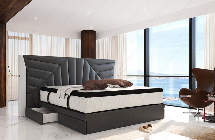 Luxus Leder Boxspringbett Monaco in grau-weiÃŸ