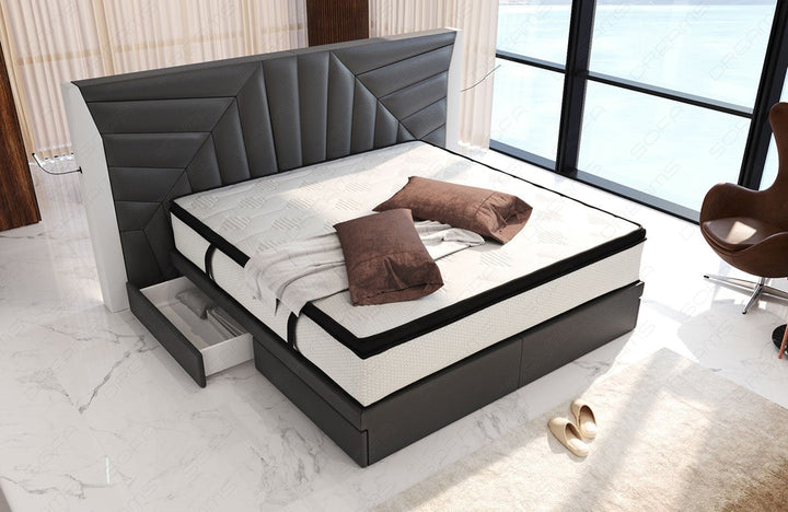 Modernes Leder Boxspringbett Monaco in grau-weiÃŸ