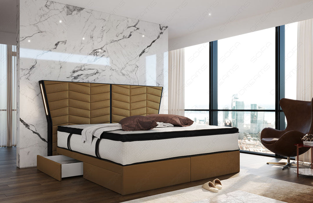 Polster Boxspringbett Novara in gold - Altara2A Wildleder Optik