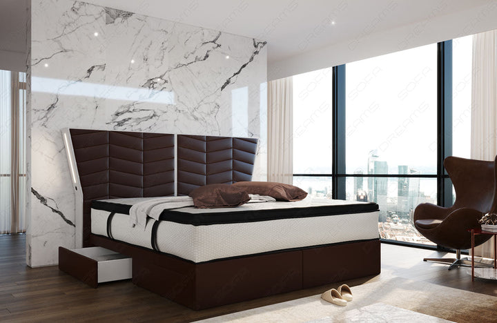 Luxux Boxspringbett Novara in dunkelbraun-weiÃŸ mit LED-Beleuchtung und optional erhÃ¤ltlichen USB-AnschlÃ¼ssen