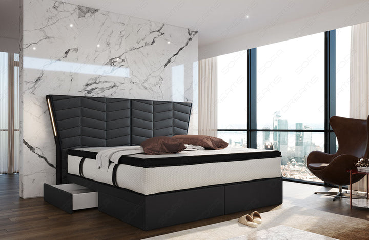 Luxux Boxspringbett Novara in grau-schwarz mit LED-Beleuchtung und optional erhÃ¤ltlichen USB-AnschlÃ¼ssen