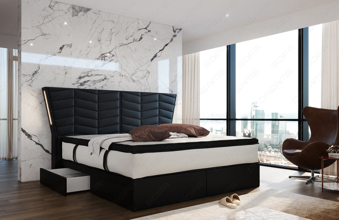 Luxux Boxspringbett Novara in schwarz mit LED-Beleuchtung und optional erhÃ¤ltlichen USB-AnschlÃ¼ssen