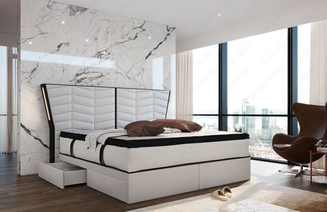 Luxux Boxspringbett Novara in weiÃŸ-schwarz mit LED-Beleuchtung und optional erhÃ¤ltlichen USB-AnschlÃ¼ssen