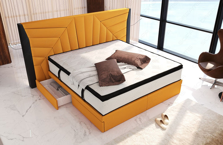 Stoff-Boxspringbett Monaco mit LED Beleuchtung und Schubladen in apricot - Mineva16 - Nebenfarbe schwarz