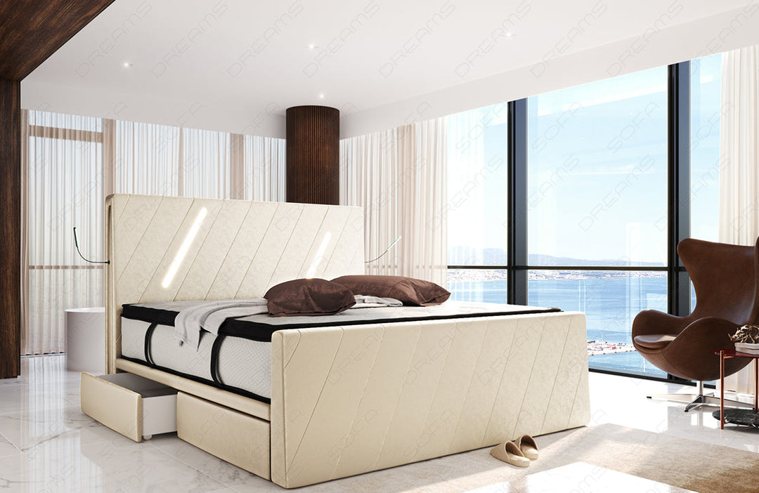 Samtstoff Boxspringbett Toulon mit LED und Schubladen in creme - SunVelvet1001
