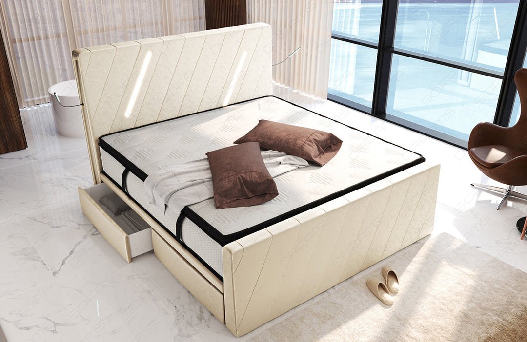 Samtstoff Boxspringbett Toulon mit LED und Schubladen in creme - SunVelvet1001
