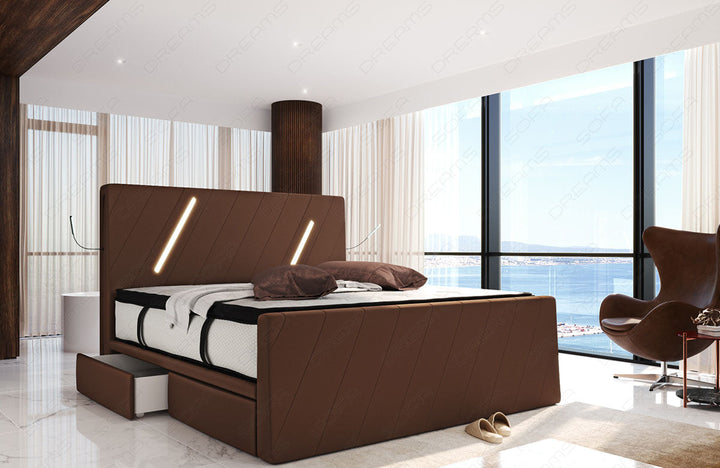 Polster Boxspringbett Toulon mit LED und Schubladen in hellbraun - Mineva5