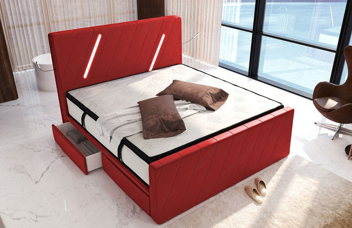Luxus Leder Boxspringbett Toulon mit Schubladen in rot