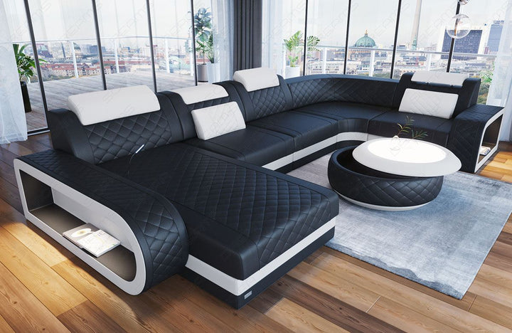Ledersofa U Form Chesterfield Ottomane Berlin LED - Leder schwarz - weiss