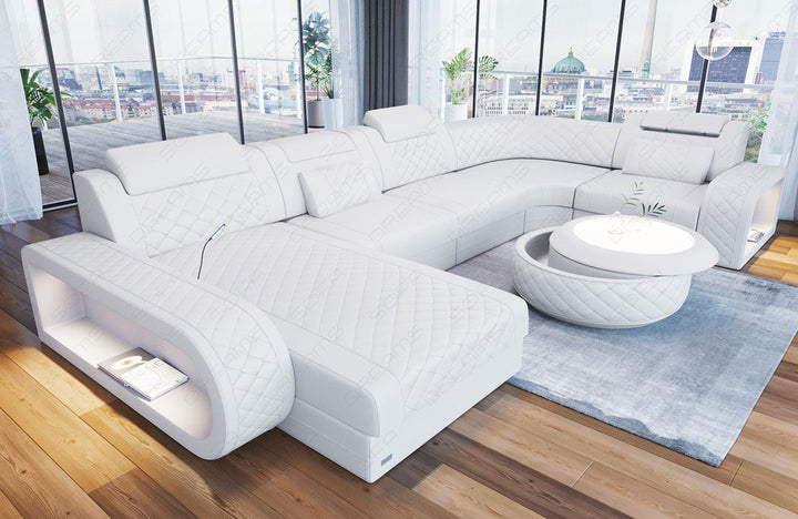 Ledersofa U Form Chesterfield Ottomane Berlin LED - Leder weiss
