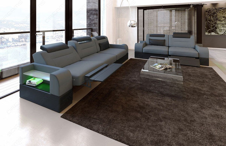 Couchgarnitur Parma Mikrofaser Stoff in grau - Mineva15 - Die LED Beleuchtung, USB Anschluss und Relaxfunktion sind optional erhÃ¤ltlich.